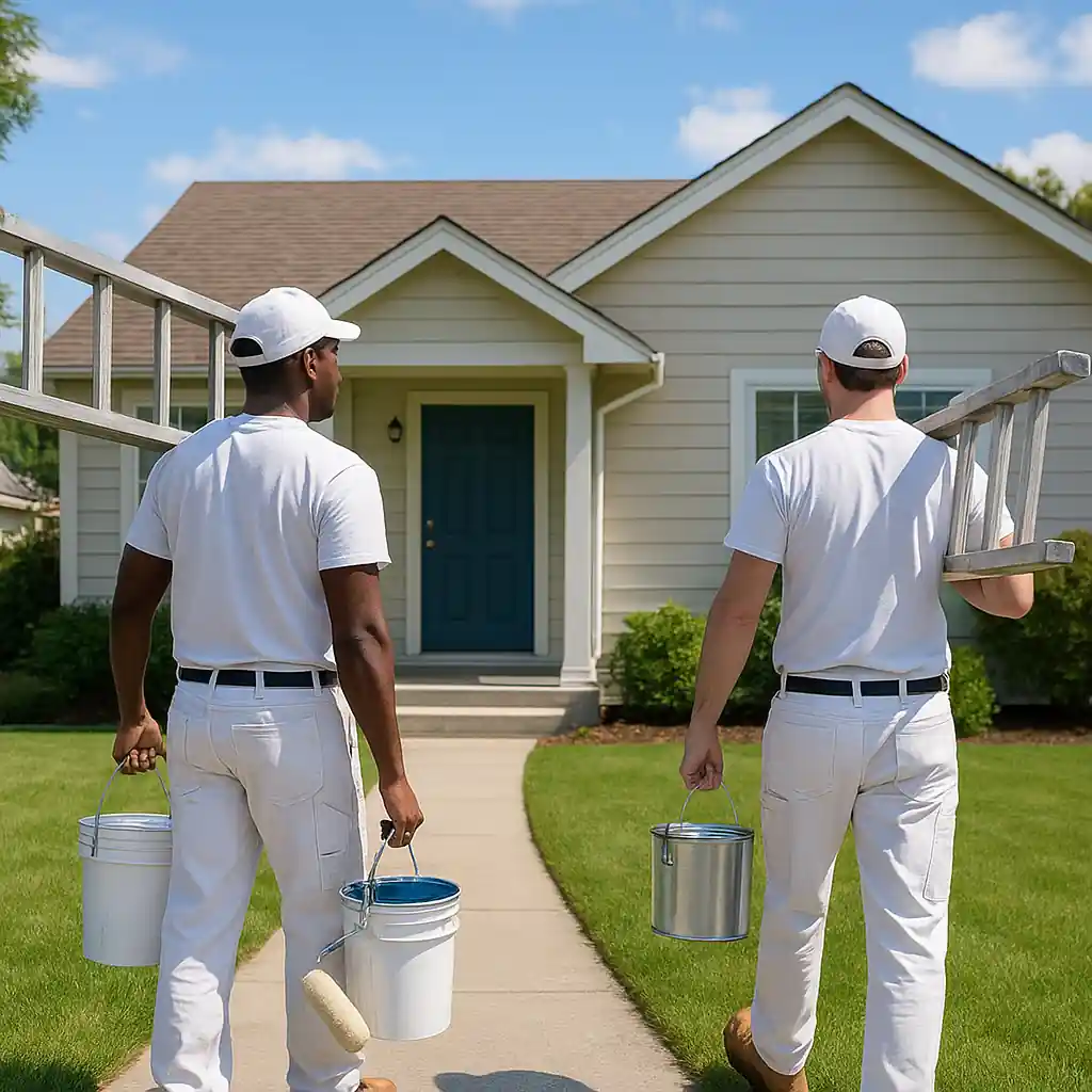 Contractors arriving with ladders and paint equipment for a house painting job
