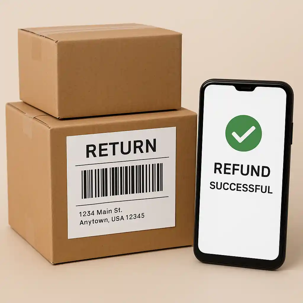 Shipping boxes with return label and smartphone confirming a refund