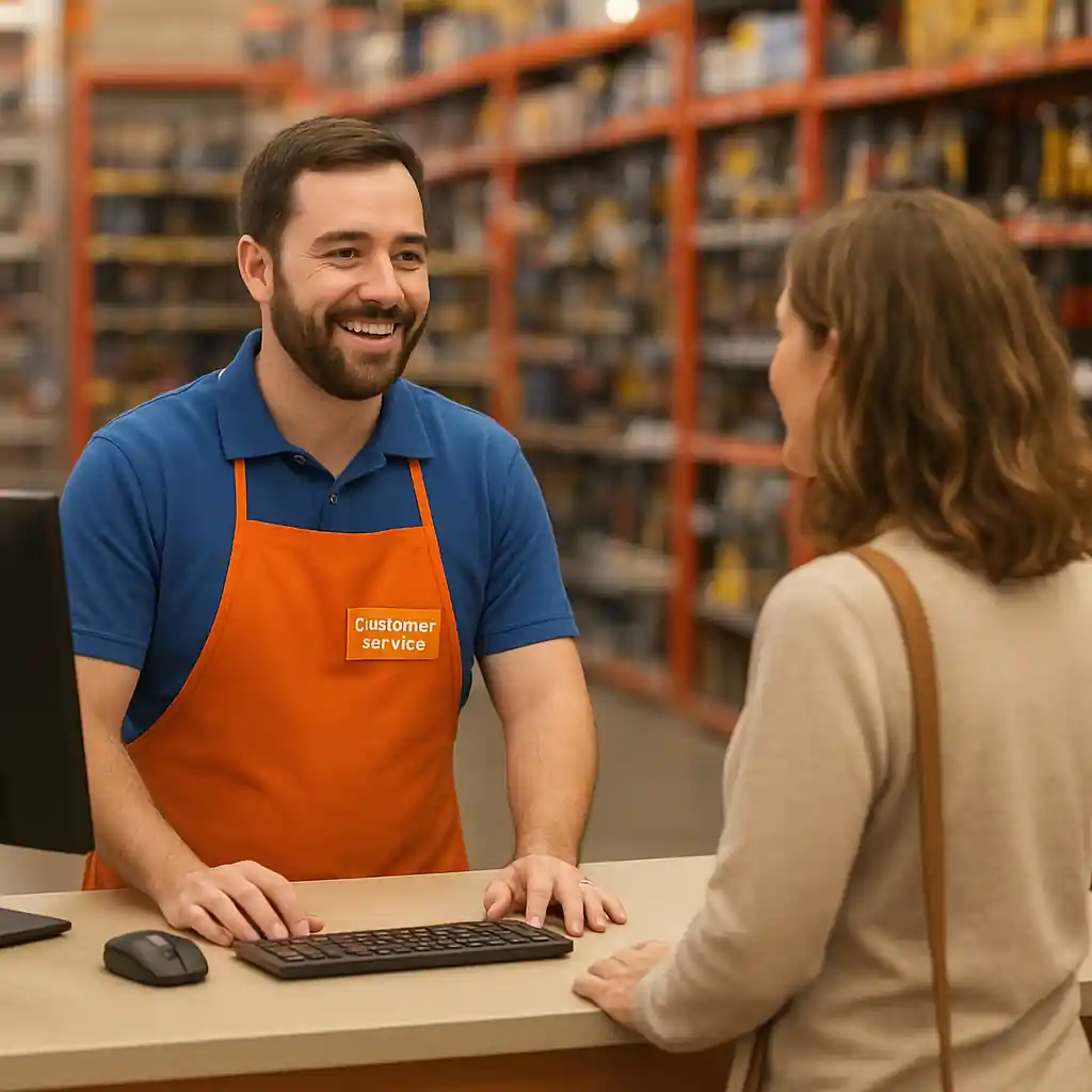 Store employee assisting a customer with a coupon issue in a home improvement store