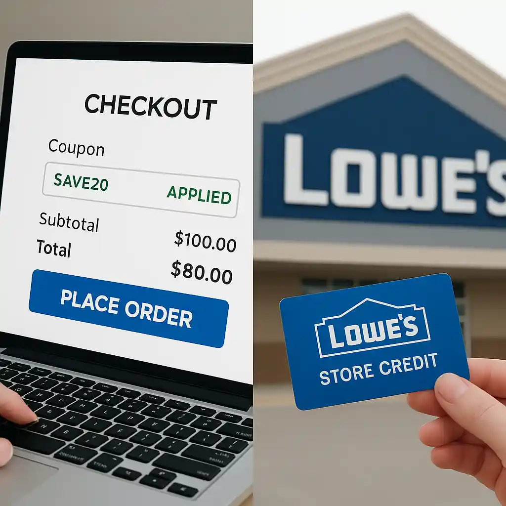 Split image of online coupon applied at checkout and a customer with store credit at Lowe's entrance