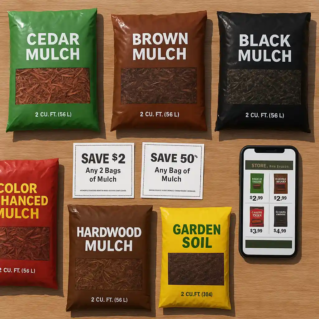 Different mulch bag types and coupons arranged on a table with the store ad on a smartphone