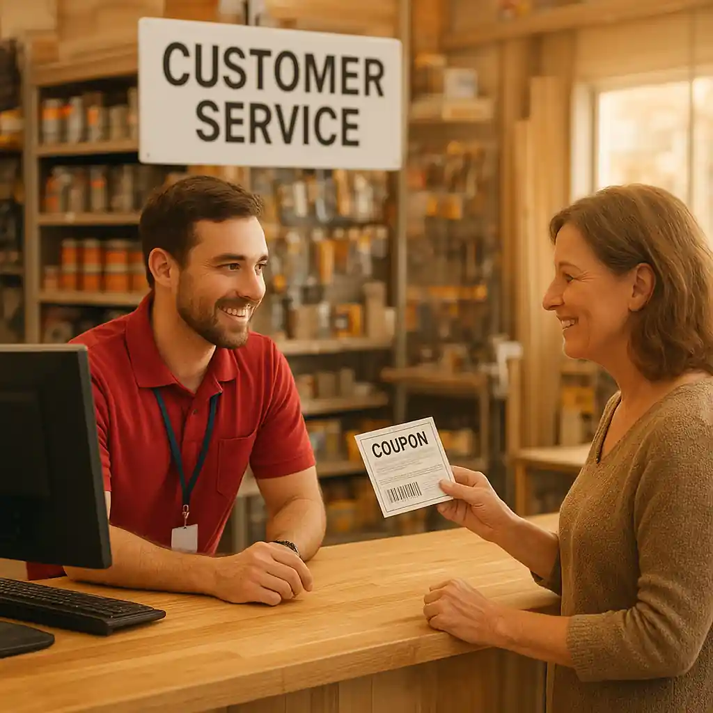 Store associate assisting a shopper at customer service with a coupon