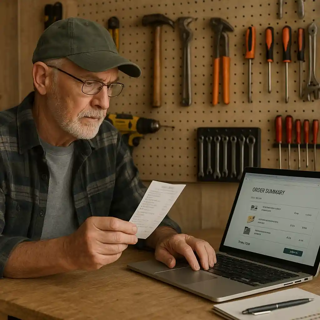 Veteran reviewing Home Depot purchase receipt and online order details in a home workshop