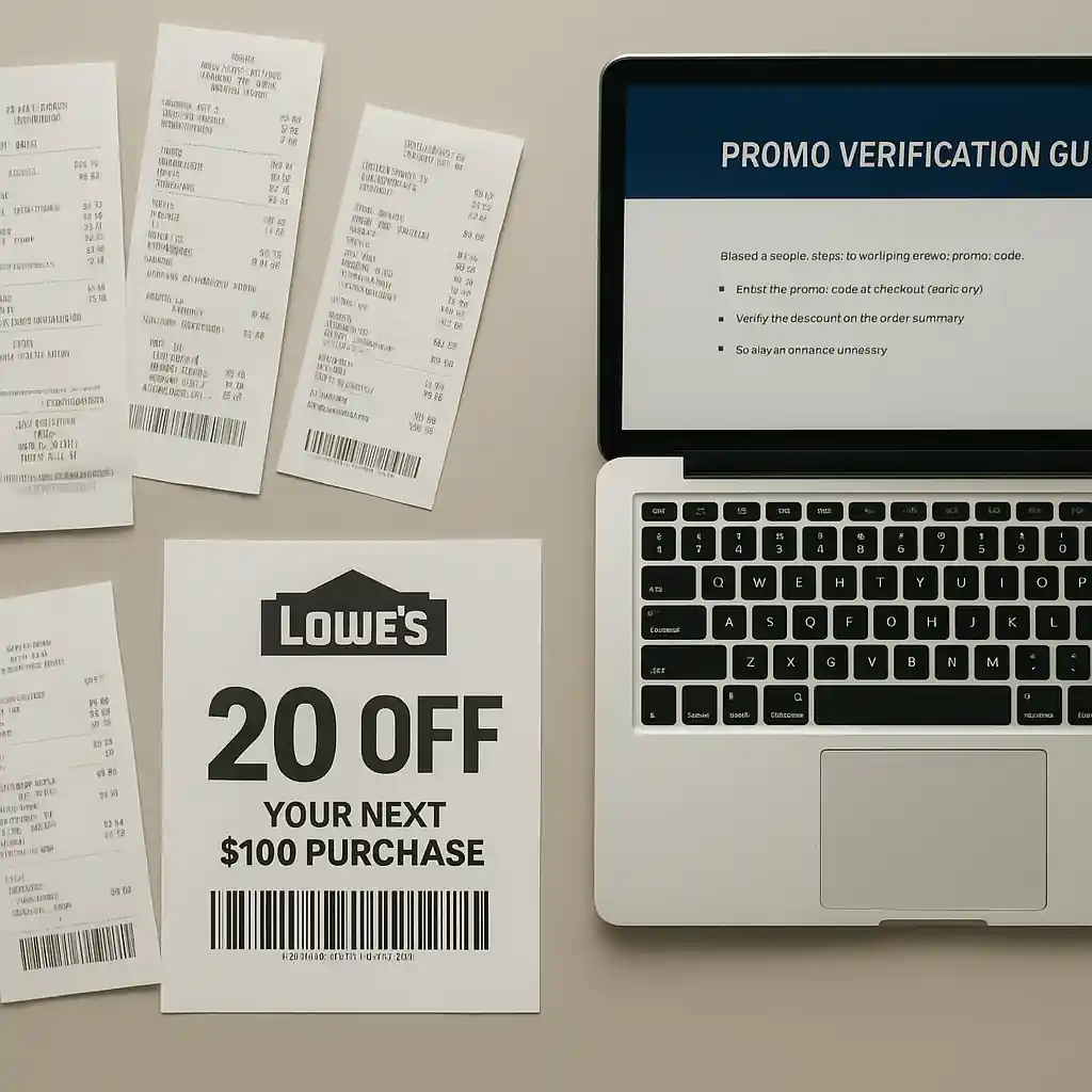 Receipts, printed lowes 20 off coupon, and laptop showing a verification guide