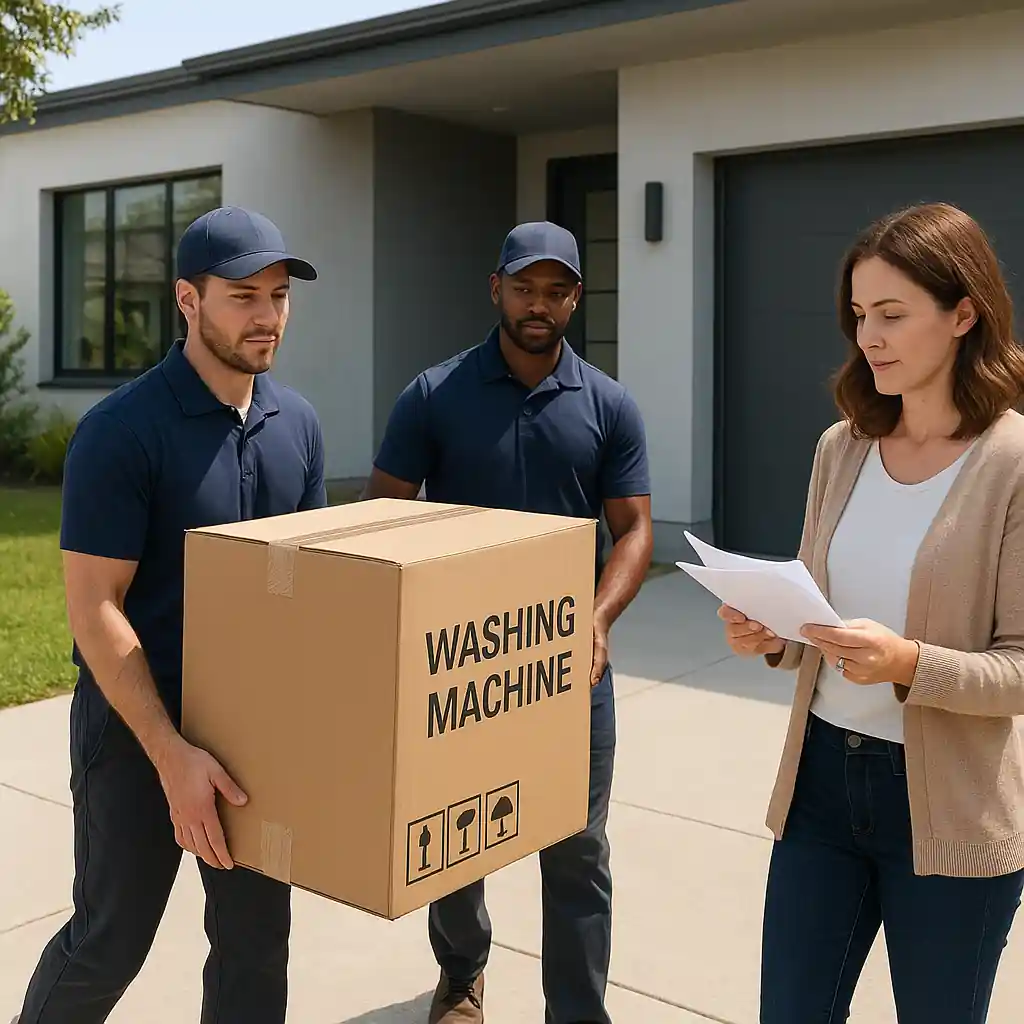 Delivery technicians carrying a boxed washer to a home, paperwork being checked for installation service
