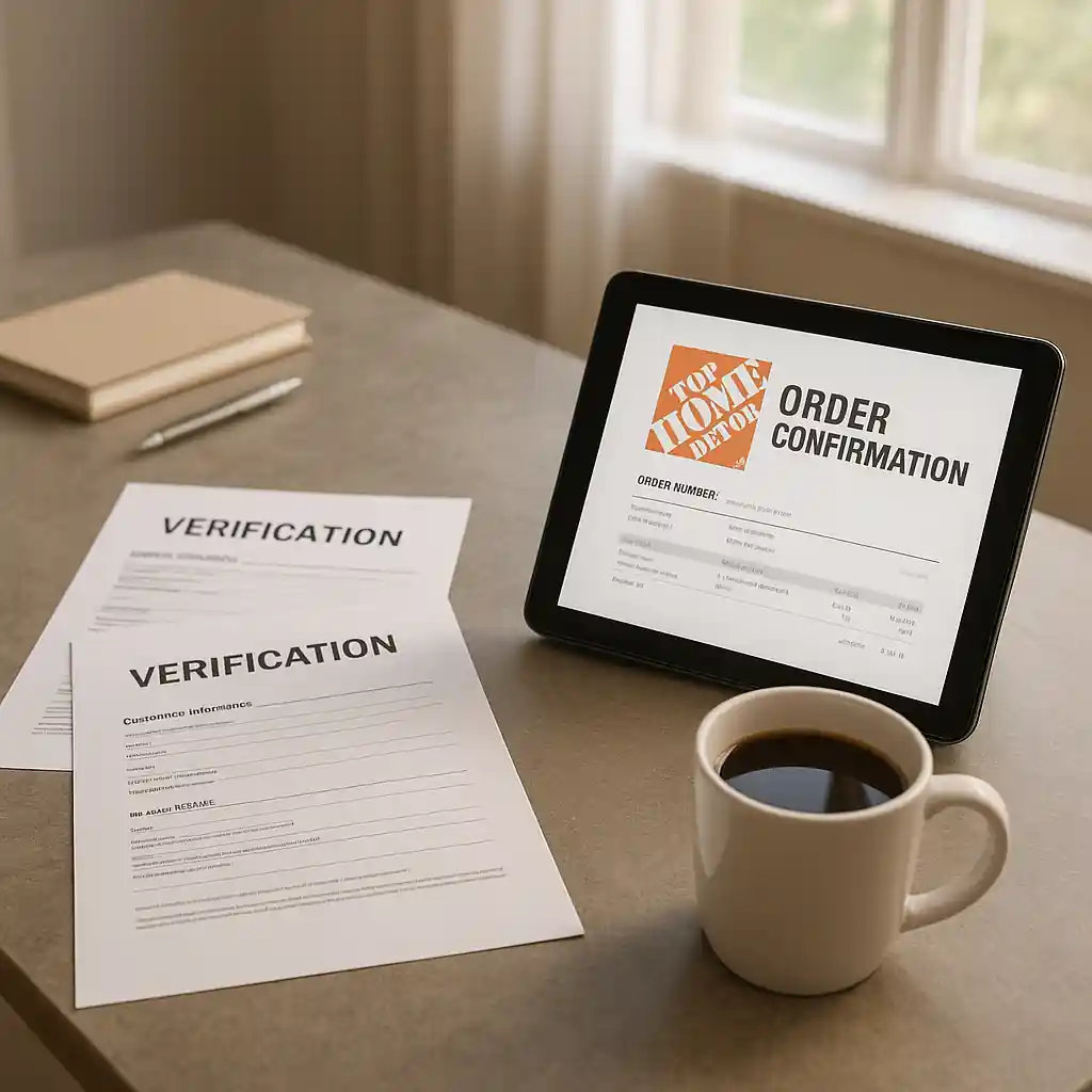Printed educator verification and Home Depot order confirmation on tablet on a home office desk