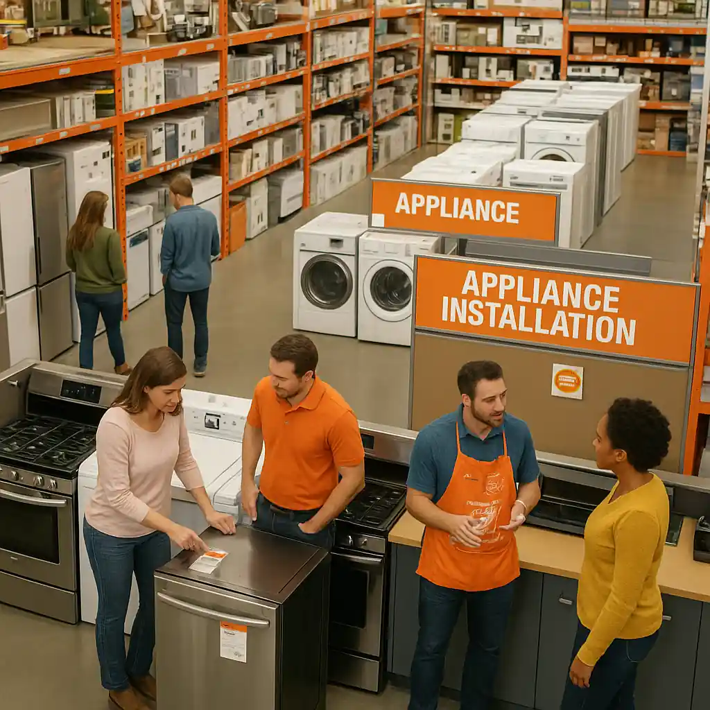 Customers comparing appliances near an installation services counter inside a Home Depot store