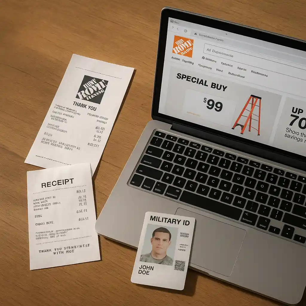 Receipts and military ID next to laptop on Home Depot site explaining military discount limitations