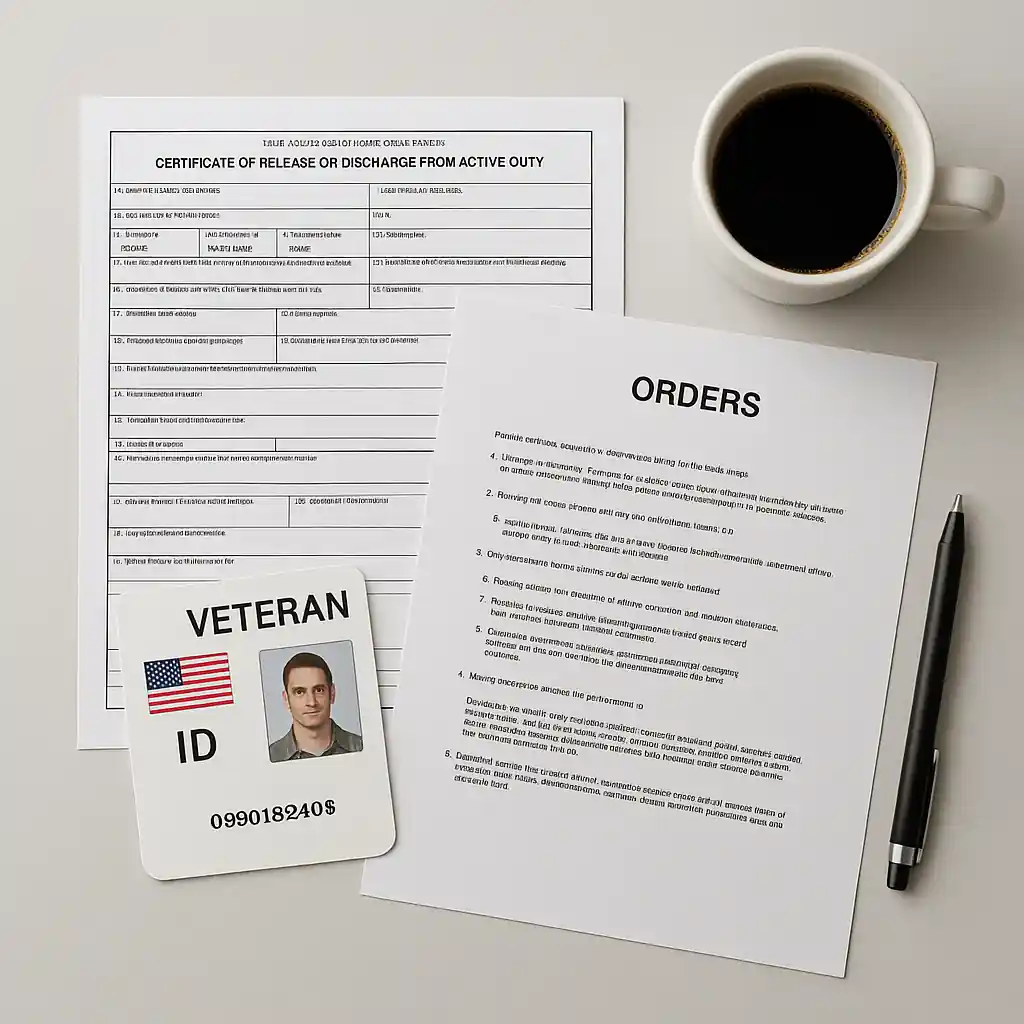Flat lay of veteran documents like DD214 and military ID used for Home Depot verification