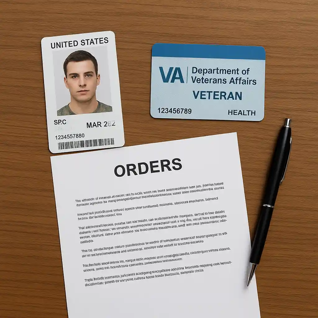 Flat lay of military ID, VA card, and printed orders used to confirm service status