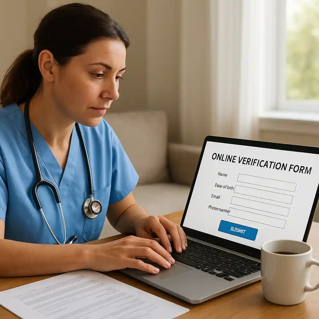 Veteran completing online verification for a military discount using a laptop