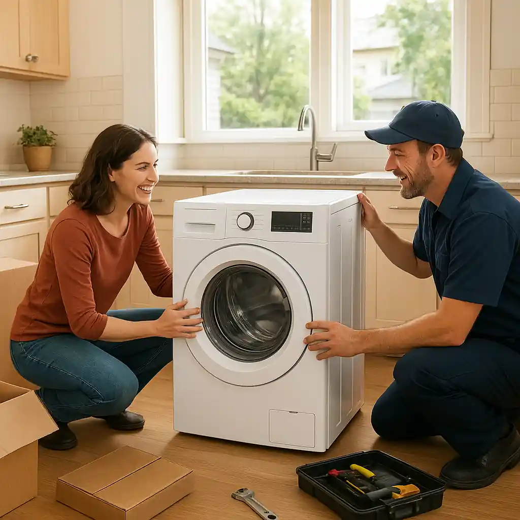 Installer fitting a new appliance in a kitchen, highlighting installation and service exclusions