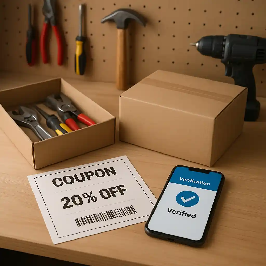 Tool boxes, coupon, and smartphone verification app laid out on a workshop bench