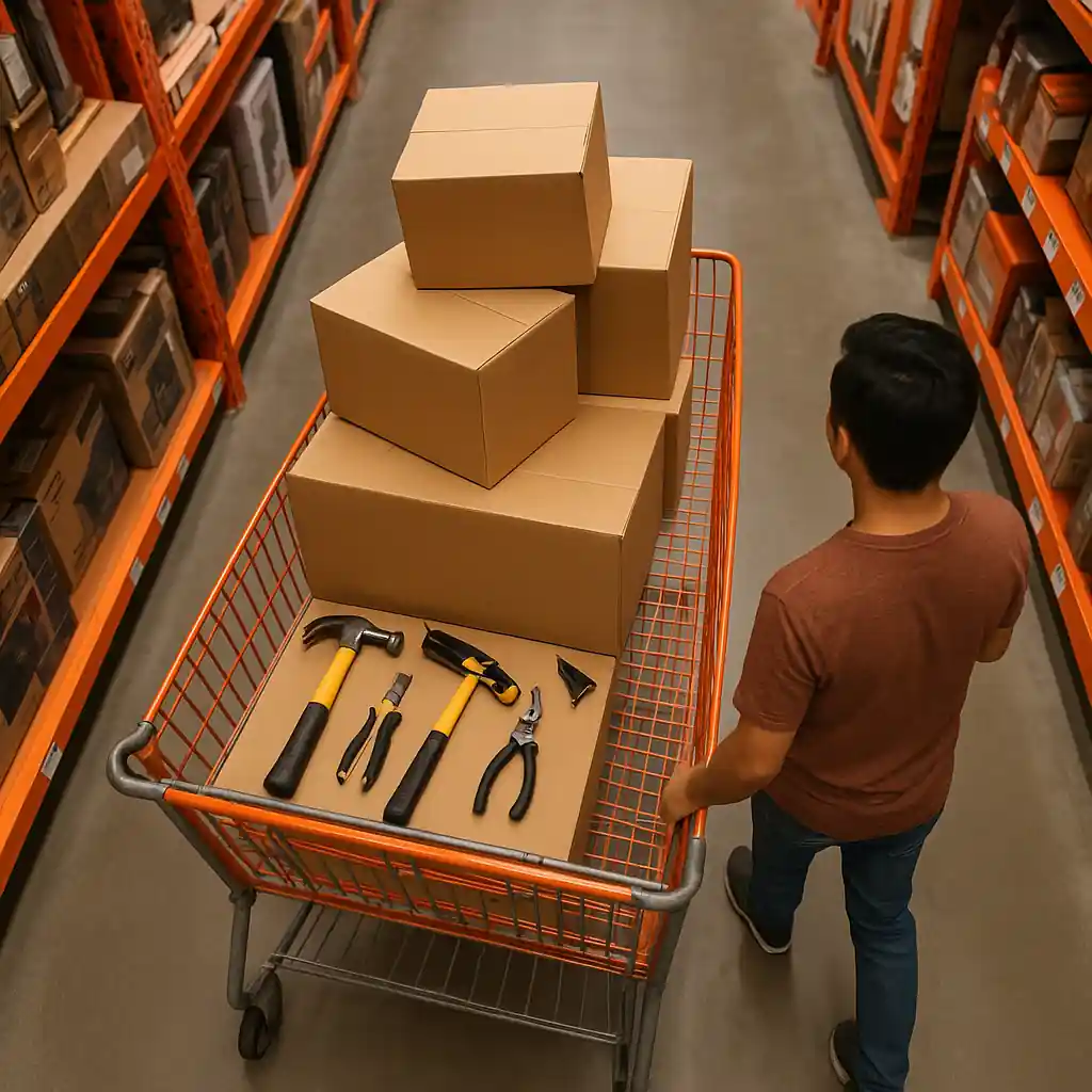 Shopper with cart of home improvement supplies approaching register