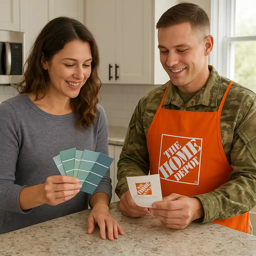 Homeowner and military family member reviewing Home Depot receipt and paint swatches after applying a discount