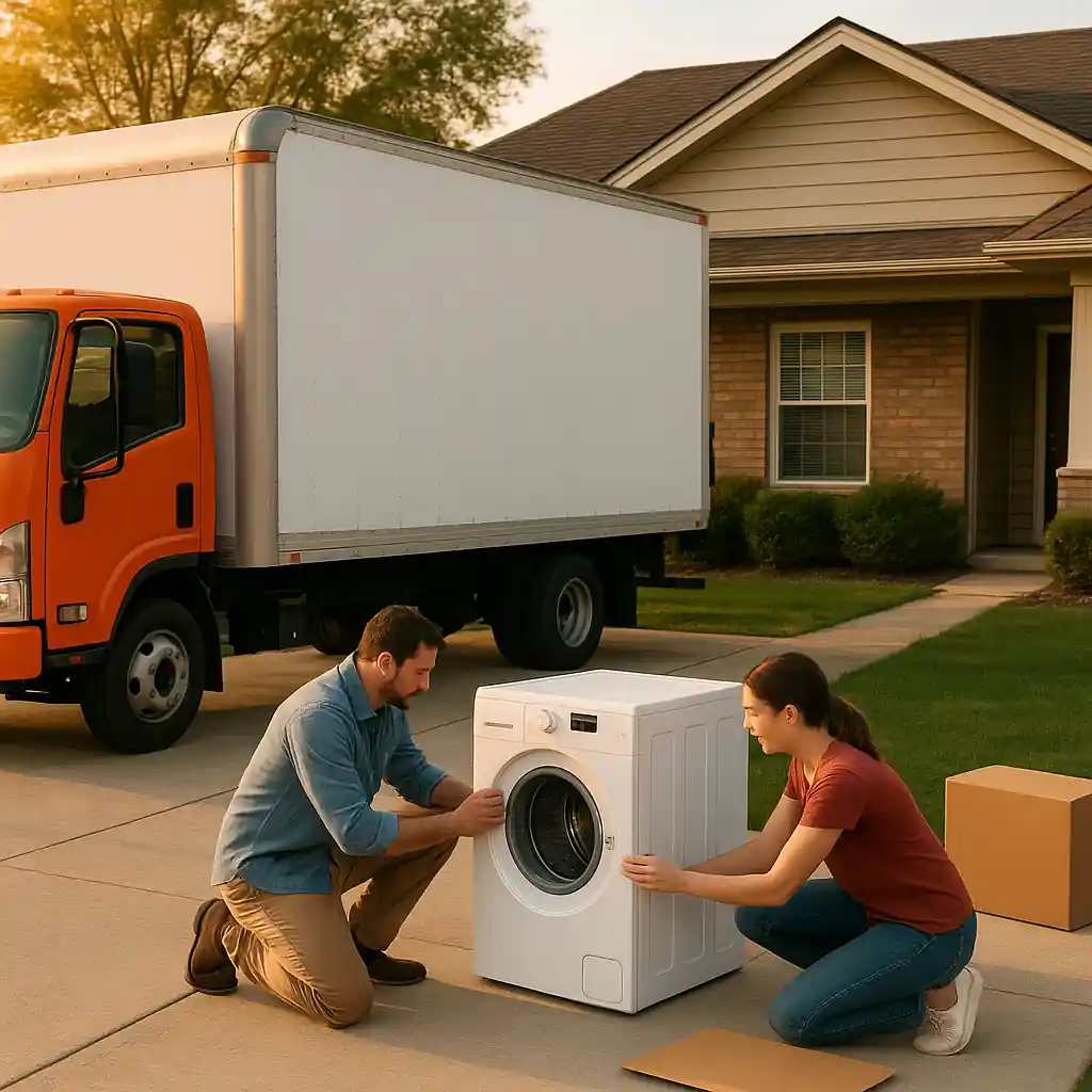 Unloading a new appliance bought during a Memorial Day sale and preparing for installation