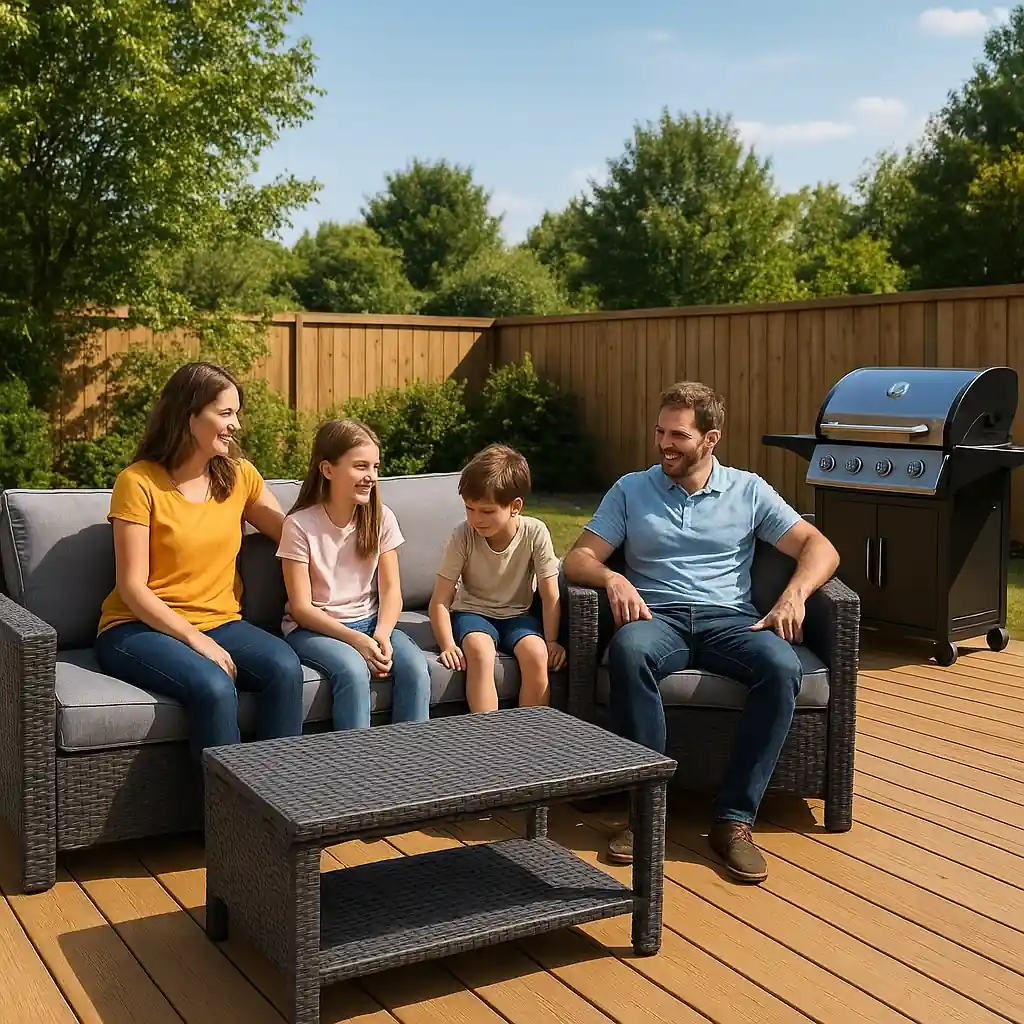 New patio furniture and a gas grill set up on a home deck during Memorial Day outdoor sale shopping