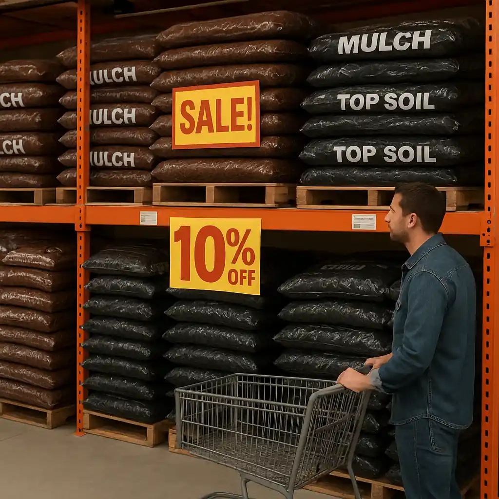 Customer comparing bulk bags of mulch and topsoil under seasonal discount signs