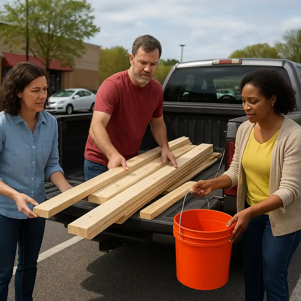Volunteers loading lumber and classroom supplies into a pickup truck after a store purchase