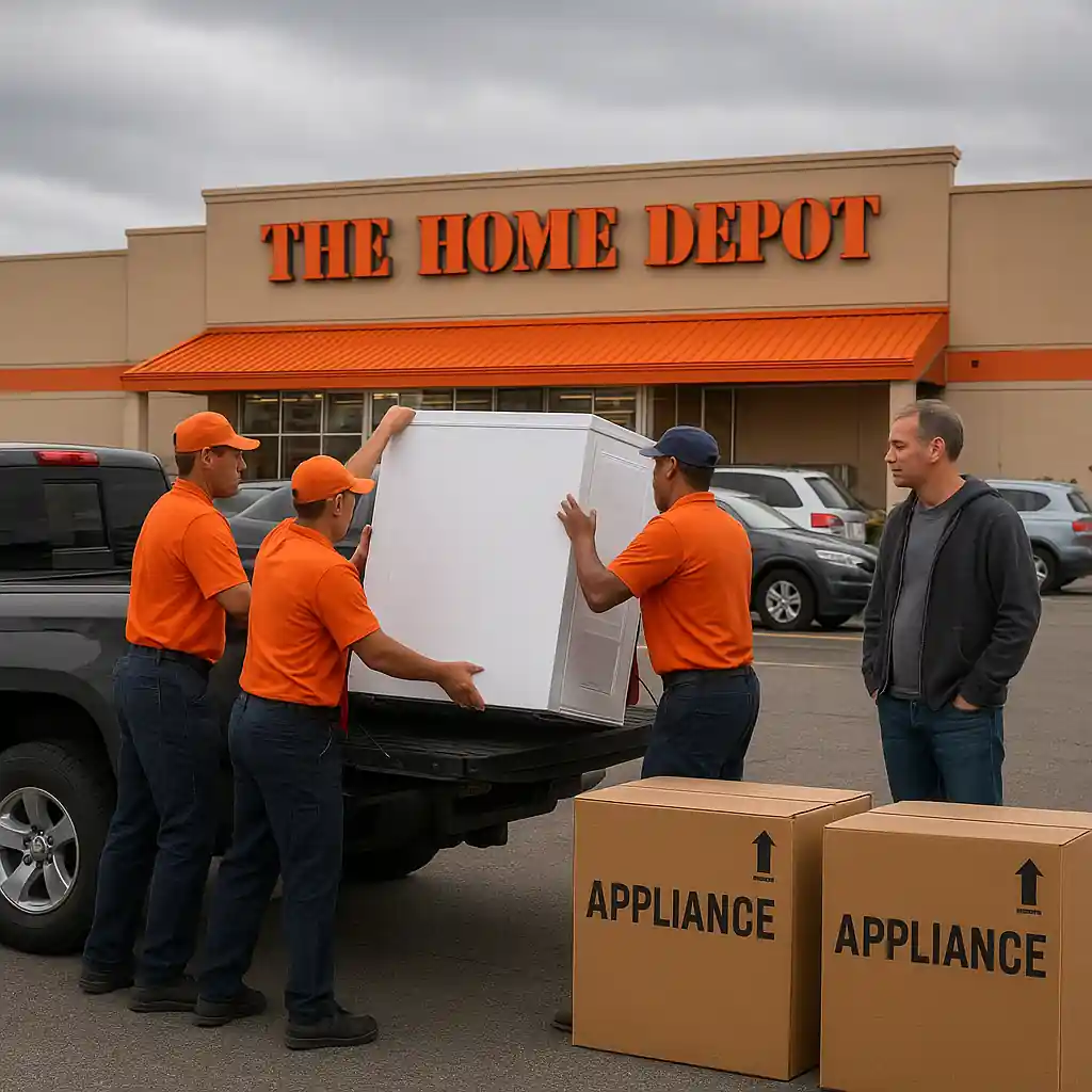 Delivery crew loading a new appliance purchased during Memorial Day sale into a customer's truck