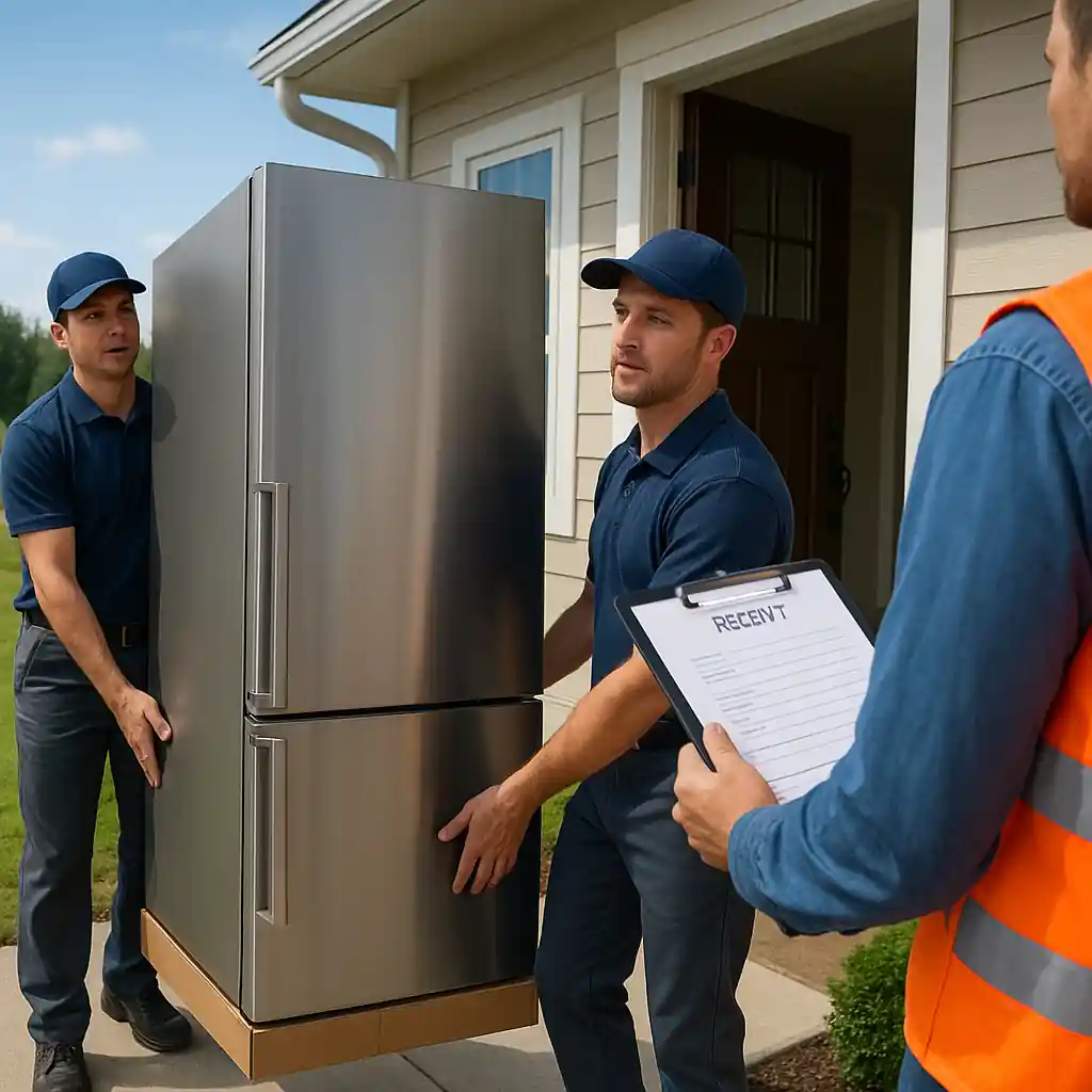 Installers delivering a boxed stainless refrigerator to a home entrance during Memorial Day delivery