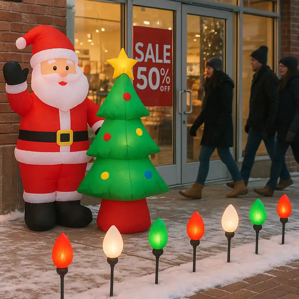 outdoor inflatables and pathway lights discounted for holiday clearance