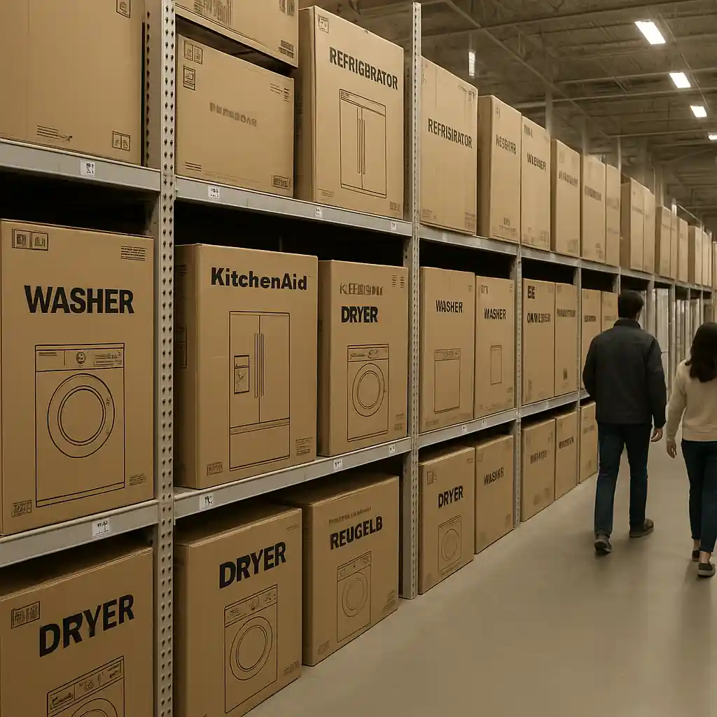 Boxed large appliances stacked in a store aisle with shoppers evaluating models during a sale period