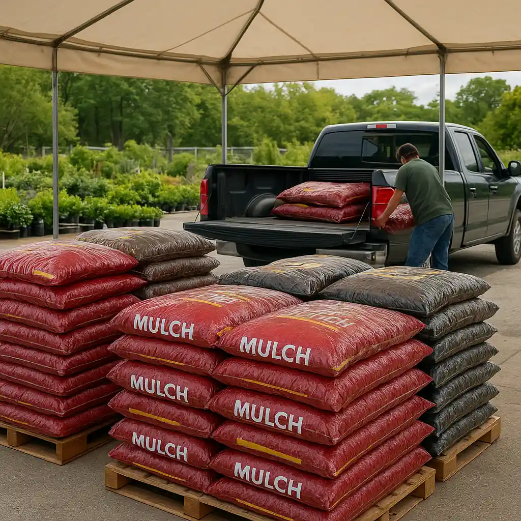 Pallets of mulch bags ready for pickup during a seasonal mulch sale