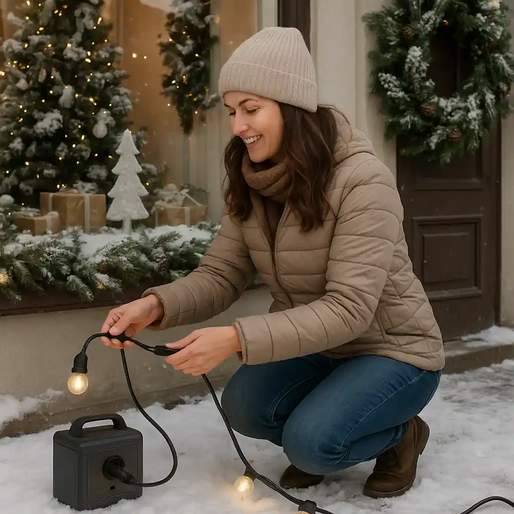 customer testing discounted outdoor string lights at a Home Depot store display