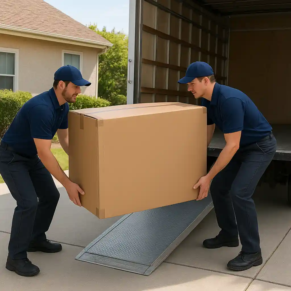 Home delivery crew loading a refrigerator during post-holiday delivery window