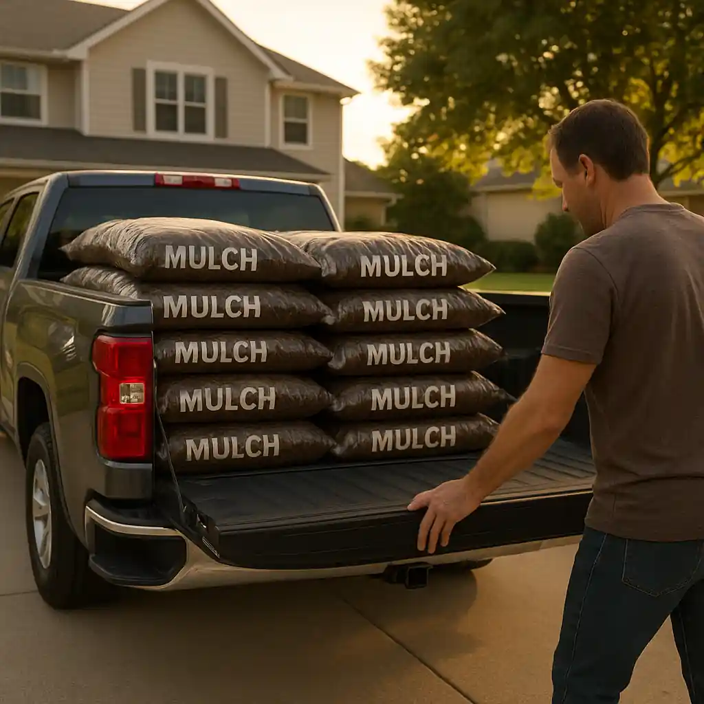 Pickup truck loaded with multiple bags of mulch after buying them during a mulch sale