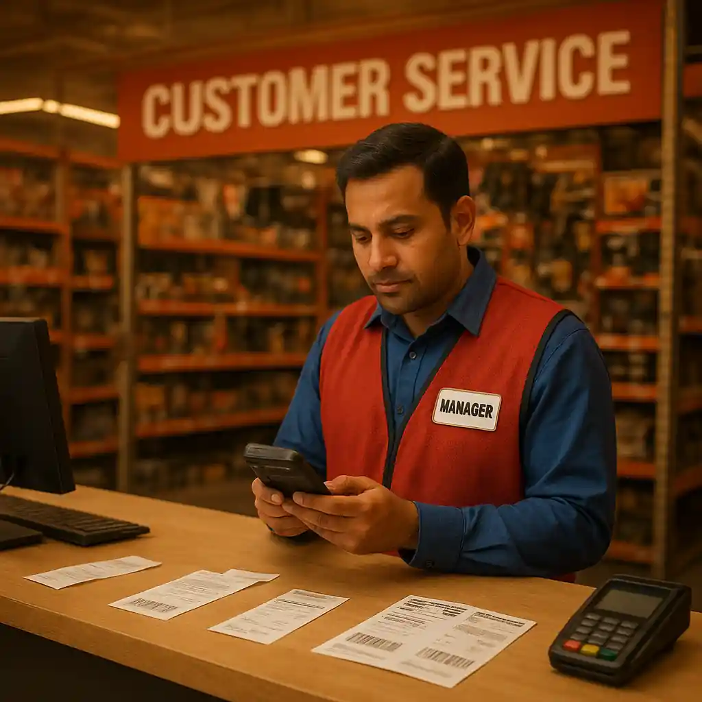Customer service price check in-store at Home Depot with manager reviewing photographed tags