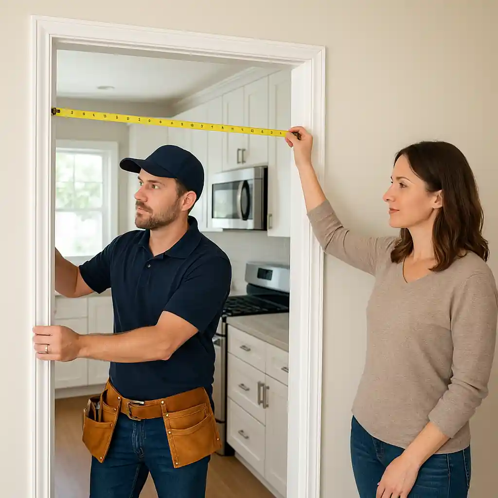 Technician measuring a kitchen doorway for appliance installation to ensure proper fit and avoid delivery issues