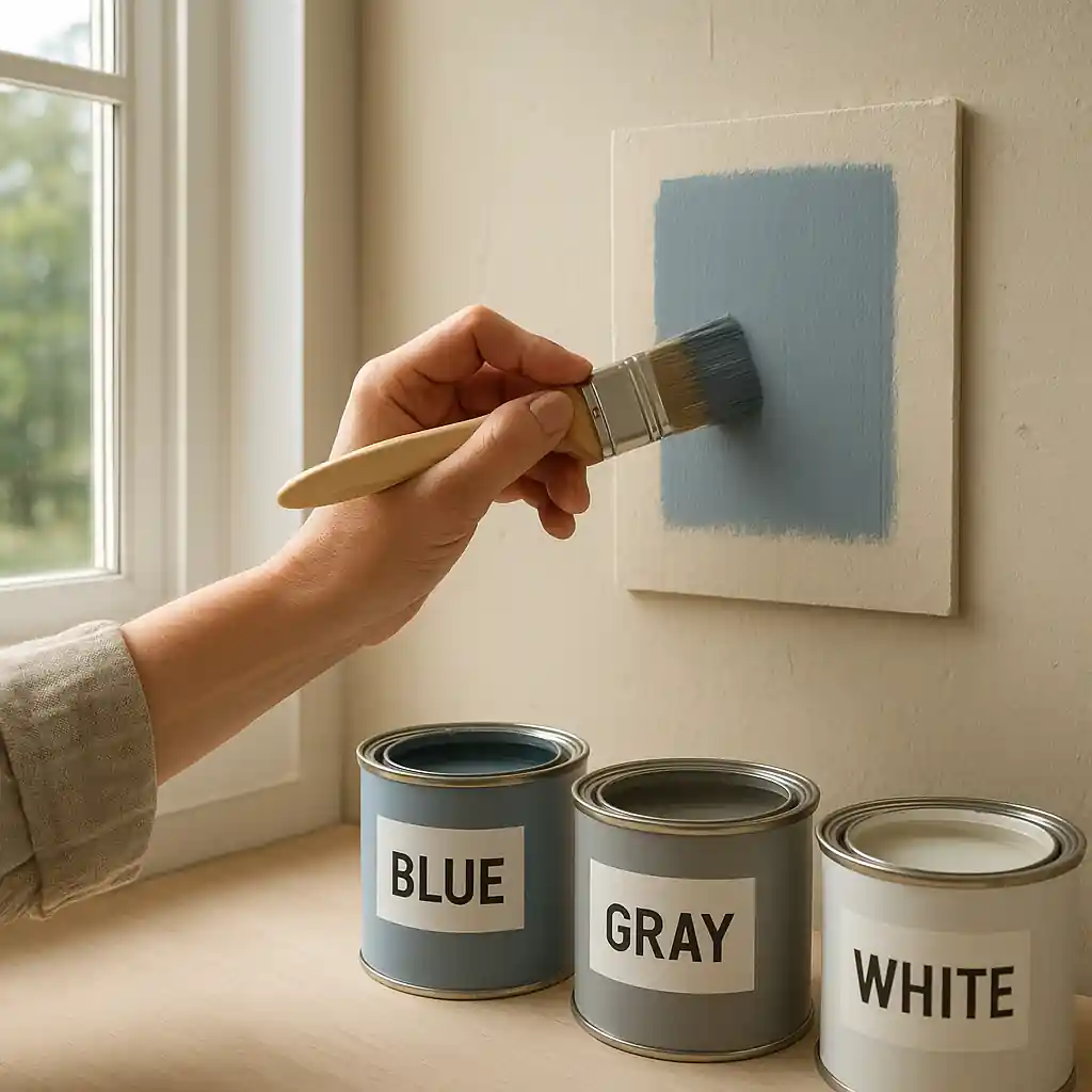 Homeowner testing paint on a sample wall with labeled Home Depot paint cans nearby