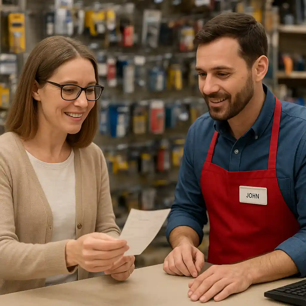 Teacher resolving educator discount verification at Home Depot customer service