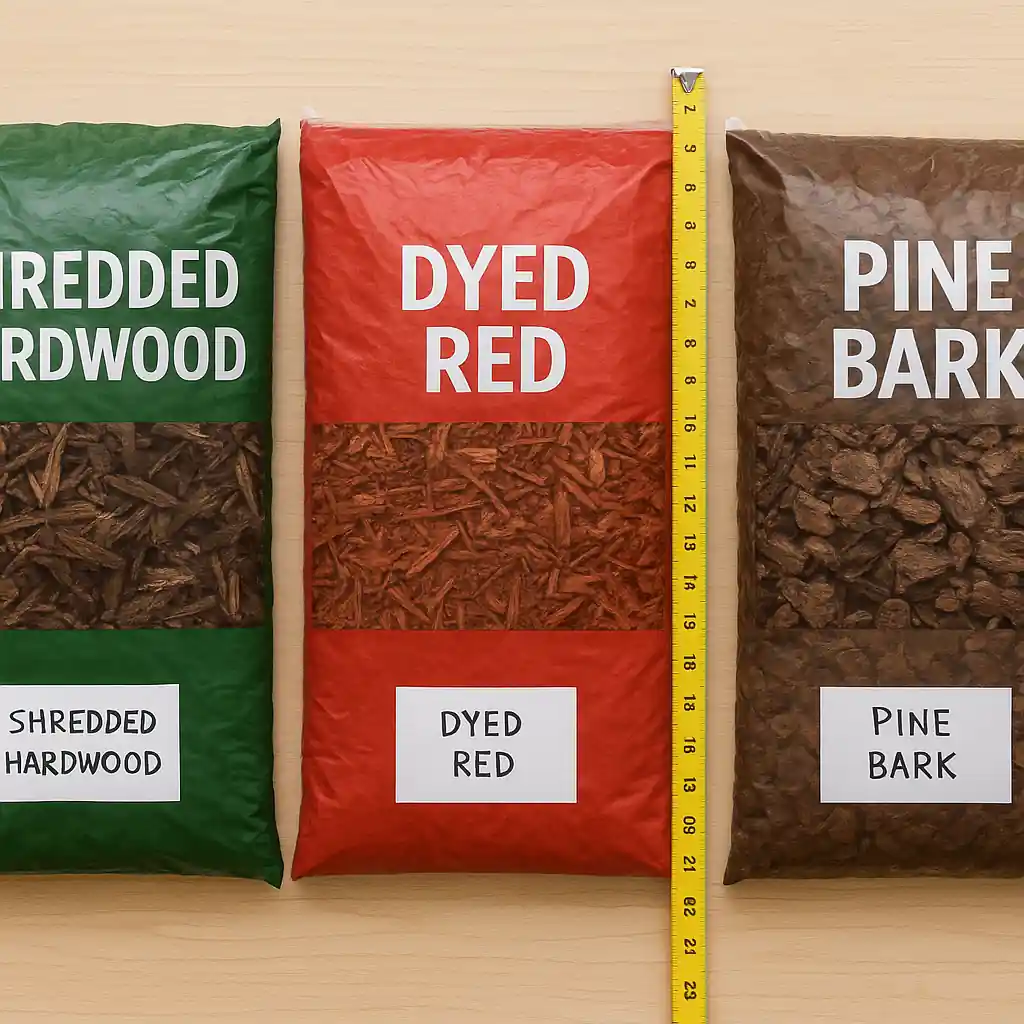 Assortment of mulch bag types displayed with measurements for planning coverage