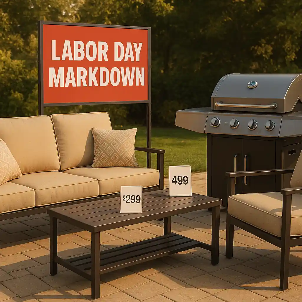 Patio furniture and grill marked down for a Home Depot Labor Day sale with visible discount signage