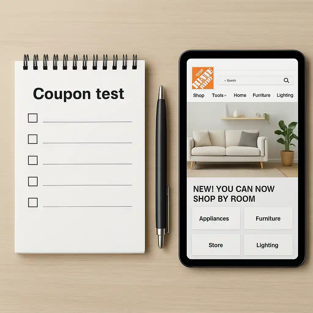 Notepad checklist for testing promo codes with tablet open to Home Depot site