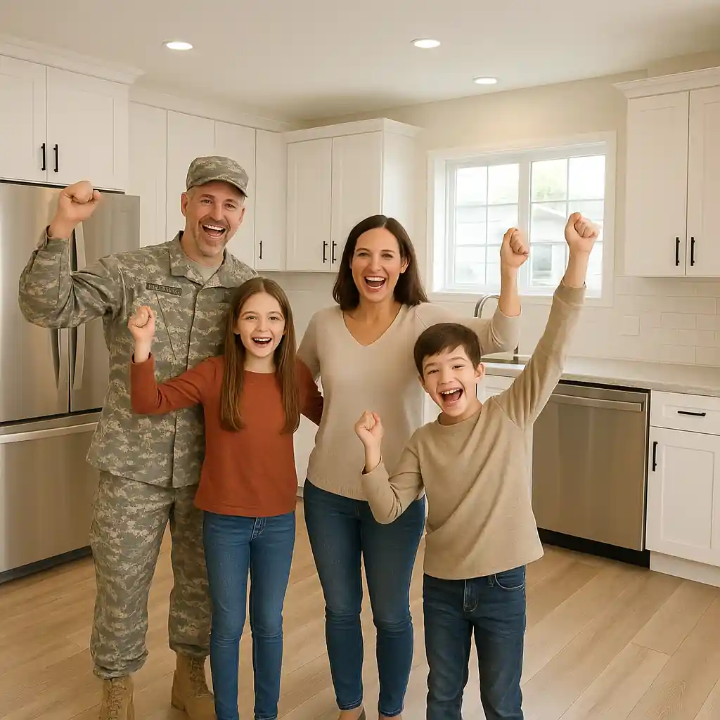 Veteran family in renovated kitchen next to new appliances and flooring