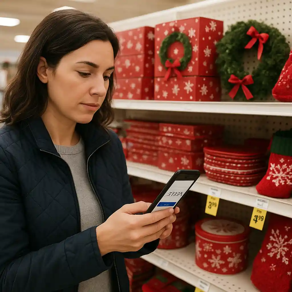 Shopper using a phone to compare Home Depot online prices and plan purchases according to the holiday clearance timeline