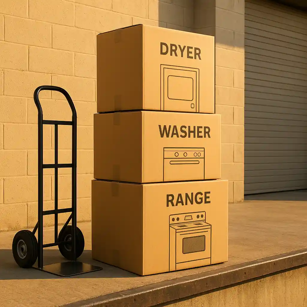 Stacked washer, dryer, and range boxes ready for delivery at a loading dock