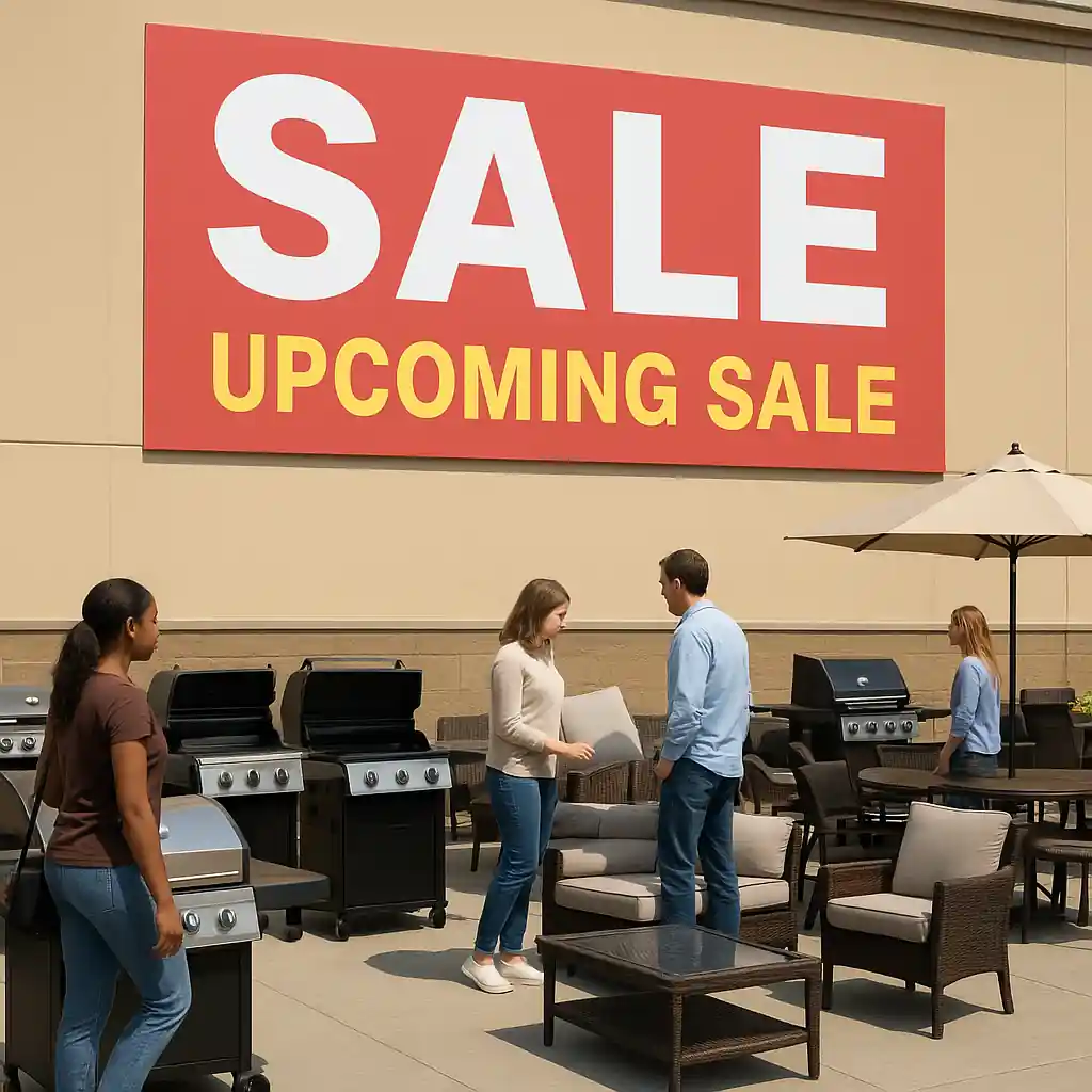 outdoor furniture and grill sale display previewed in a Home Depot weekly sale ad