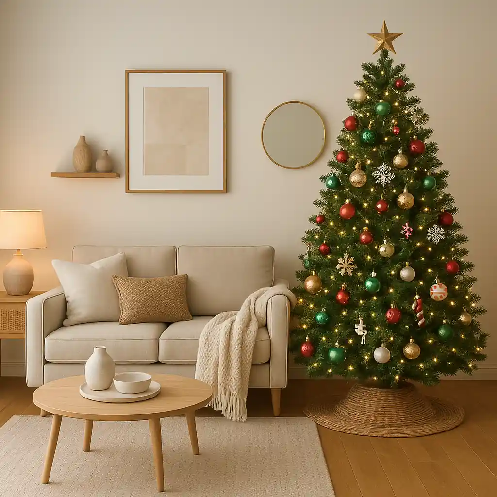 Holiday tree decorated with a mix of premium and budget ornaments showing smart decor savings