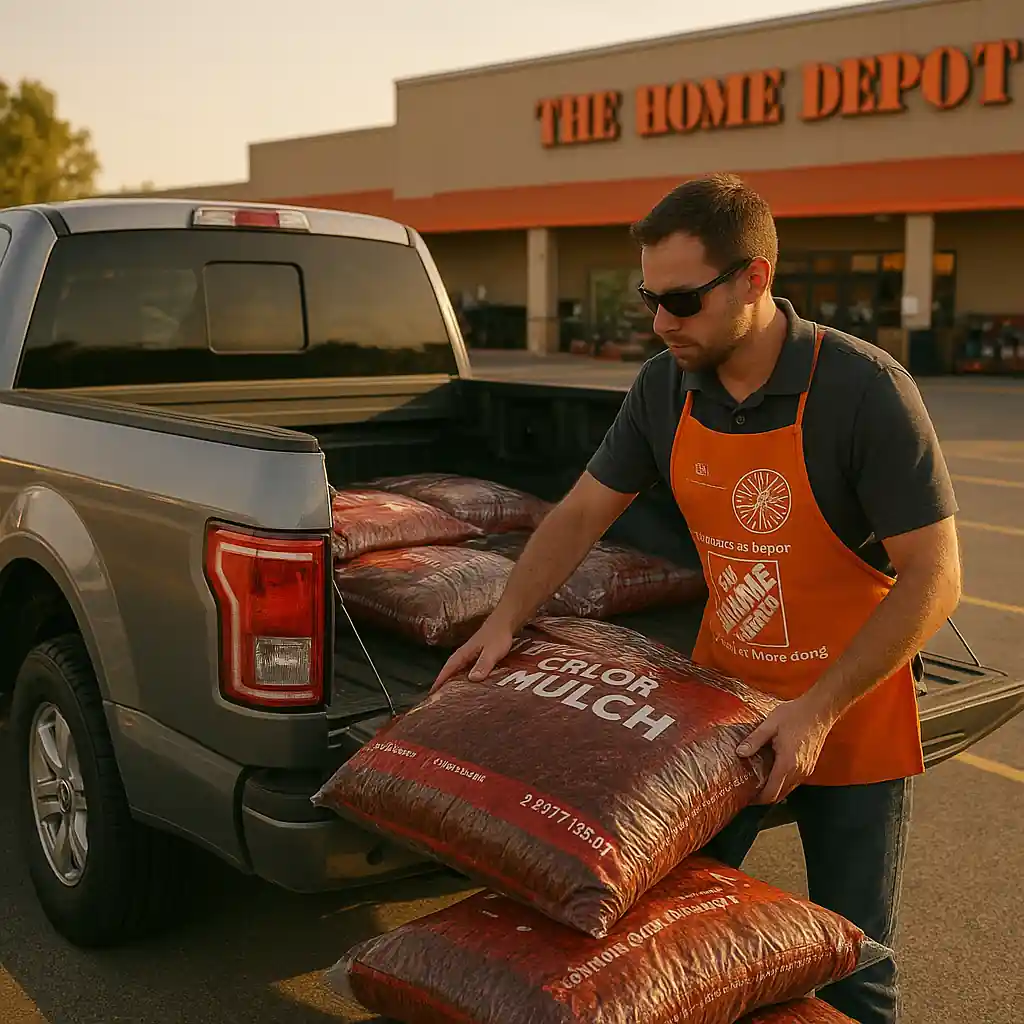 Homeowner loading mulch bags into pickup at Home Depot parking lot ready for transport