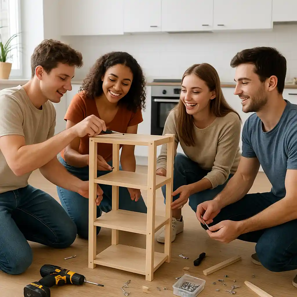 Students assembling a DIY shelving unit in an apartment