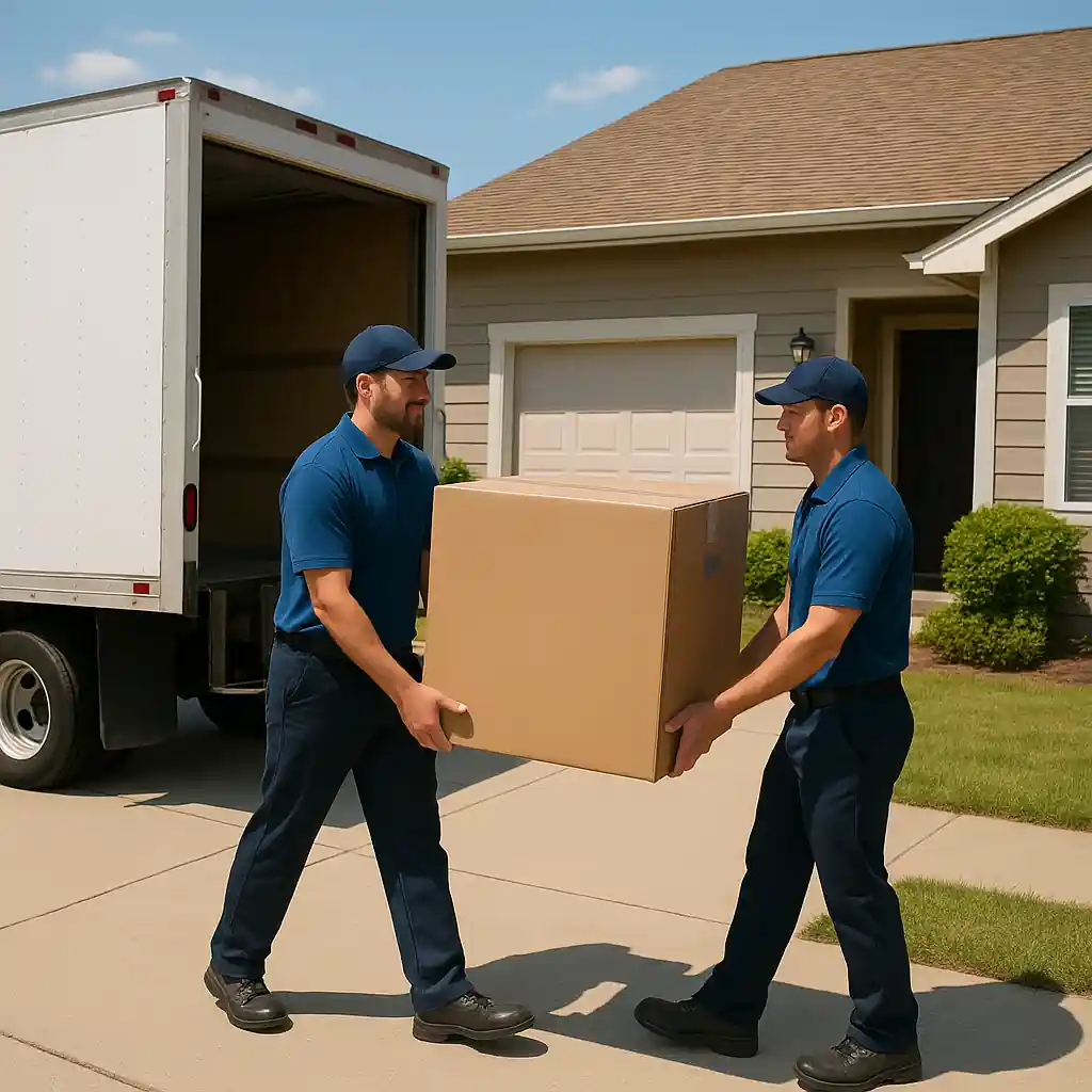 Delivery crew unloading a large appliance at a customer's house
