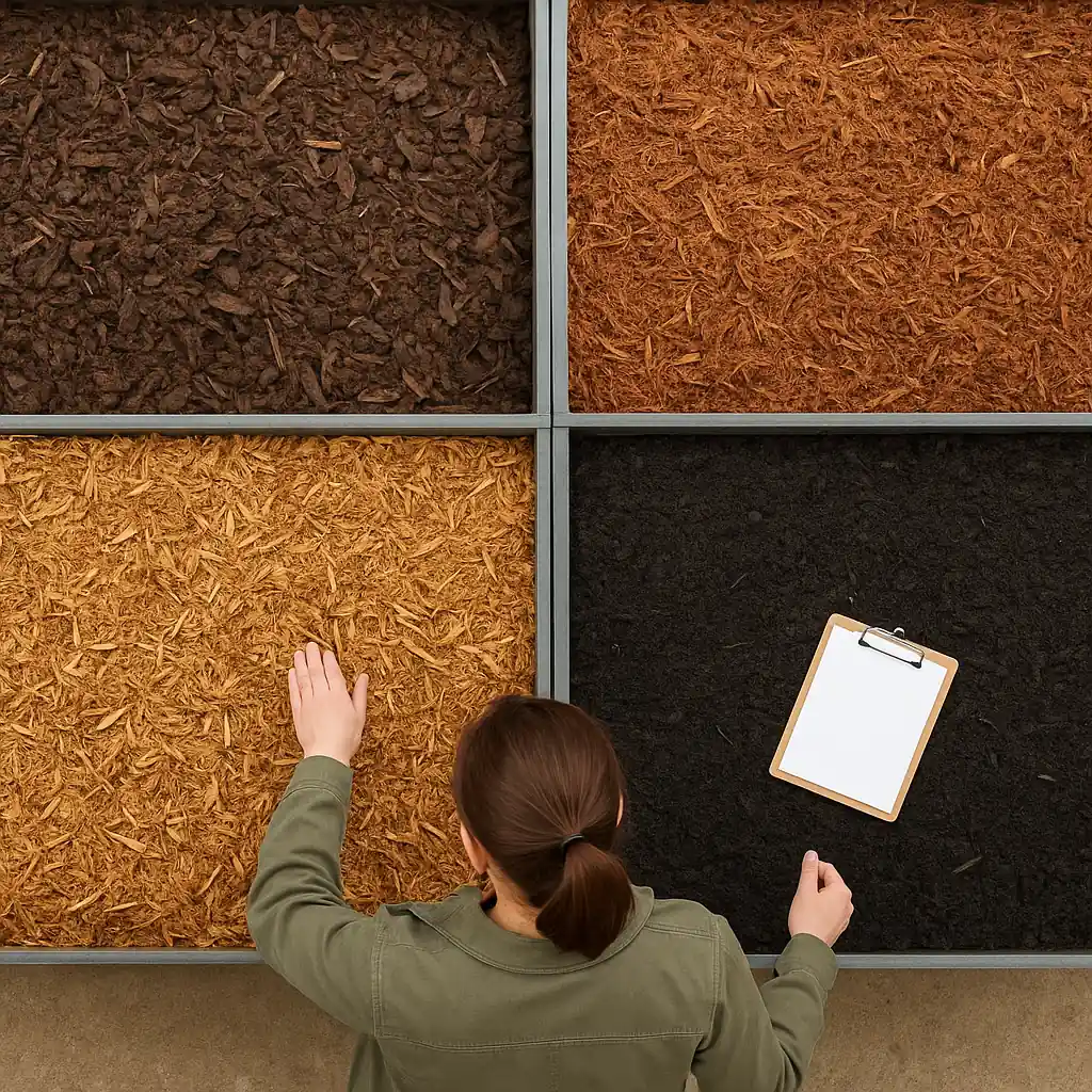 Samples of different mulch types at a garden center display showing options for the mulch sale