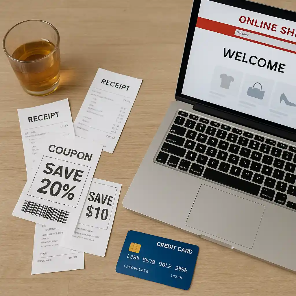 Receipts, printed coupon and laptop open to a retailer checkout page