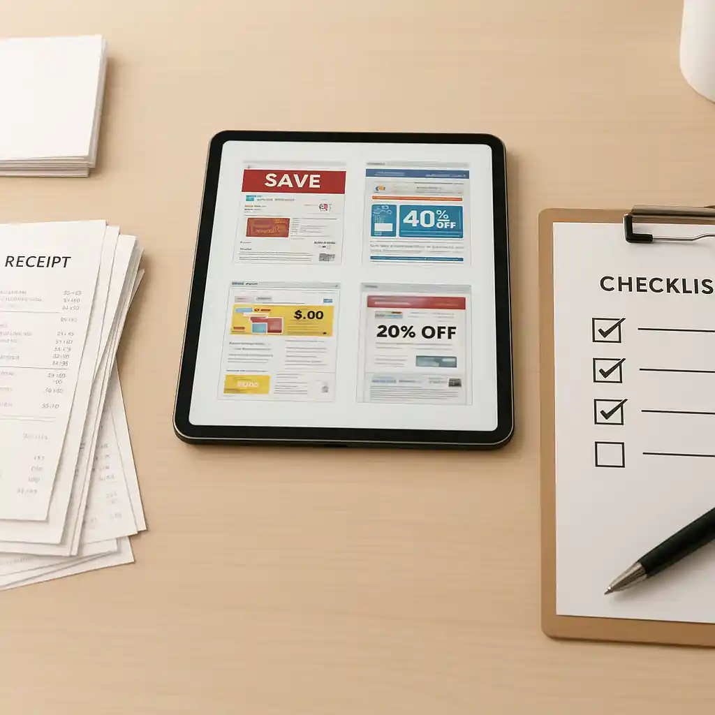 Receipts and screenshots laid out as a checklist for verifying Home Depot promo codes