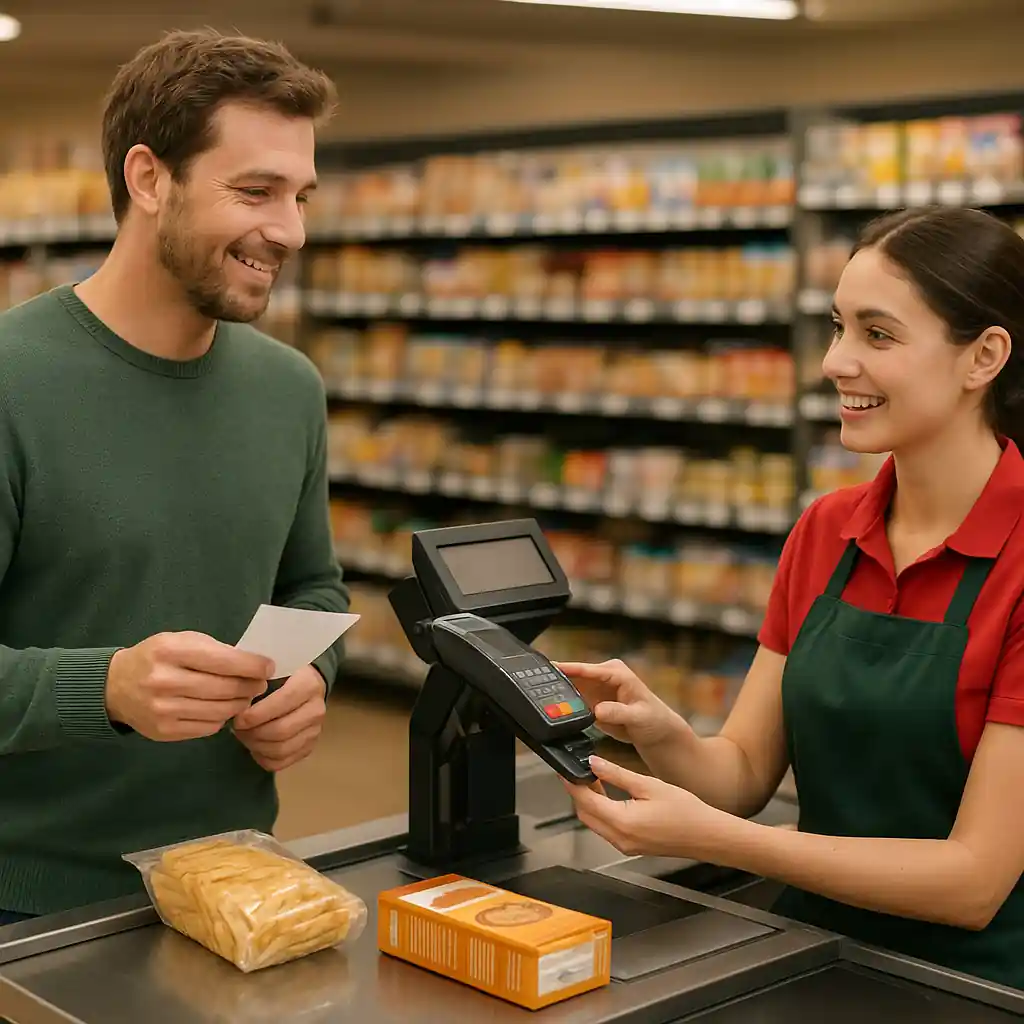 Customer and cashier reviewing a receipt and price at Home Depot checkout